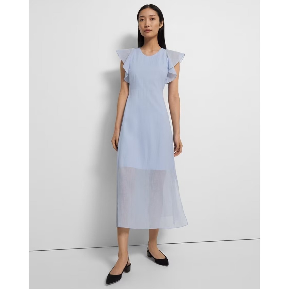 Theory Ruffle Sleeve Cotton Midi Dress 6 Light Blue Summer Minimalist